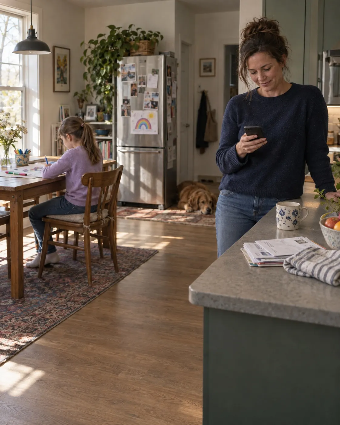 A mother at the kitchen counter checking her phone while her daughter draws at the table behind her